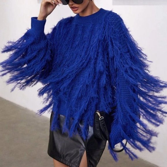 BLUE Fuzzy Fringe Crop knit Sweater top - Picture 2 of 6